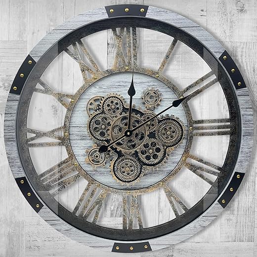 DORBOKER 36 Original Moving Gears Wall Clock, Large Industrial Wall Clock for Living Room Decor, Retro Metal Solid Wood Vintage Farmhouse Steampunk Rustic Clocks for Wall Decor,Silver Grey