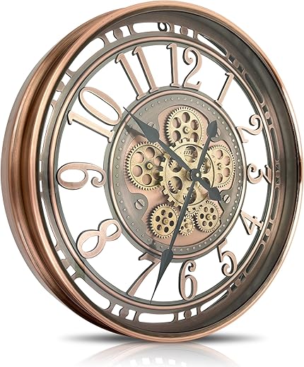 DORBOKER Real Moving Gears Wall Clock Large Modern Metal Clocks for Living Room Decor, Industrial Steampunk Unique Vintage Rustic Decorative Clock for Home Farmhouse Office, 21 Inch Red Copper Arabic