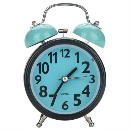 Double Bell Ultra Silent Mechanical Alarm Clock Quartz Movement Desk Table Night Watch(Blue)#q