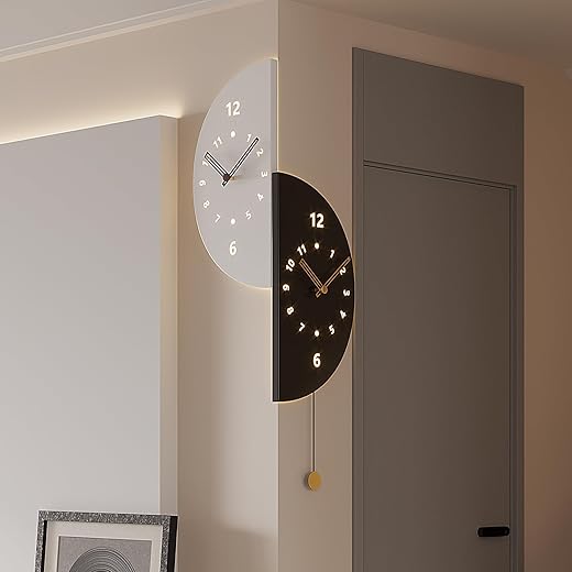 Double Sided Corner Modern Wall Clock with Sensor Light Led Battery Operated Decorative Wall Clock with Pendulum Unique lighted clock wall mounted angle clock for Bedroom Living Room office17.7inch