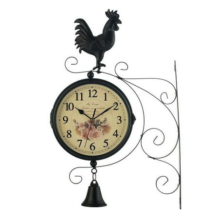 Double Sided Wall Clock, Station Clock Antique Vintage Circle Station Wall Side Hanging Clock with Scroll Wall Side