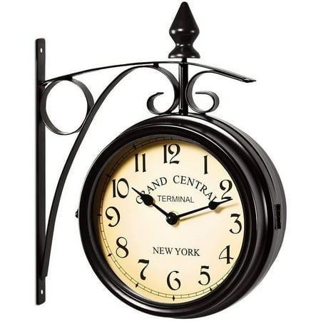 Double Sided Wall Clock Wrought Iron, Metal, Quiet, Easy Read Two Faces Retro Station Clock Antique Hanging Clocks for Wall Decoration