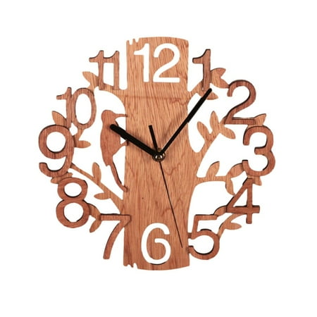 Double Stereo Bird Wall Clock Home Wooden Creative Wall Clock-Wooden Tree Wall Clock Hanging Diy Round Office Living Room Home Decoration