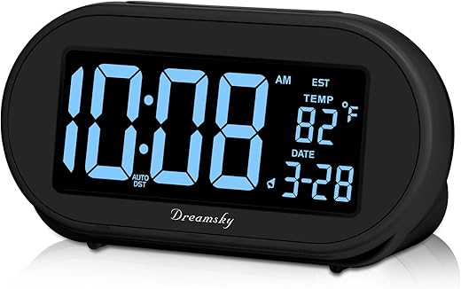 DreamSky Alarm Clocks for Bedrooms, Auto Set Digital Desk Clock for Bedside Nightstand, Electric Clock with Dimmable Brightness Dimmer, Auto DST, USB Port, Date, Temperature, Snooze