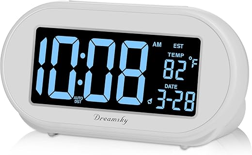 DreamSky Alarm Clocks for Bedrooms, Auto Set Digital Desk Clock for Bedside Nightstand, Electric Clock with Dimmable Brightness Dimmer, Auto DST, USB Port, Date, Temperature, Snooze