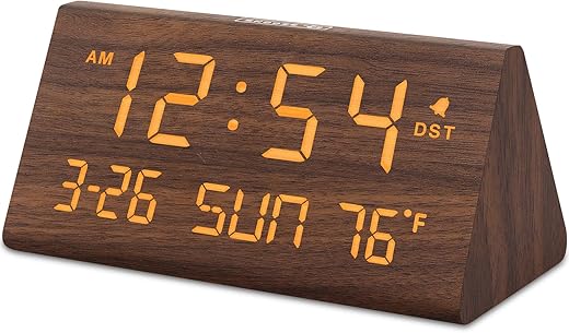 DreamSky Digital Alarm Clocks for Bedrooms - Wooden Desk Clock with Date, Day of Week, USB Port, Temperature, Dimmer for Bedside Table, Living Room, Office, Adjustable Volume, Auto DST, Wood Decor