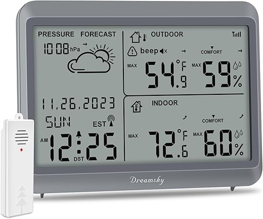 DreamSky Weather Station Indoor Outdoor Thermometer Wireless - Atomic Clock with Indoor/Outdoor Temp, Date & Day, Battery Powered, Home Weather Forecast Clock with Inside Outside Temperature Humidity