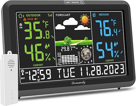 DreamSky Weather Station Indoor Outdoor Thermometer Wireless with Digital Atomic Clock, Large Display with Adjustable Backlight, Inside Outside Temperature Humidity Monitor, Home Weather Thermometer