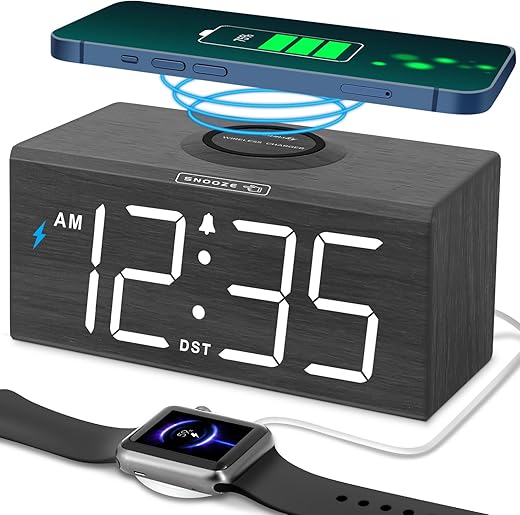 DreamSky Wooden Digital Alarm Clock with Wireless Charging for Bedroom, Bedside Nightstand Clock with Charger Station, USB Port, Large Numbers, Adjustable Volume, Brightness Dimmer, DST