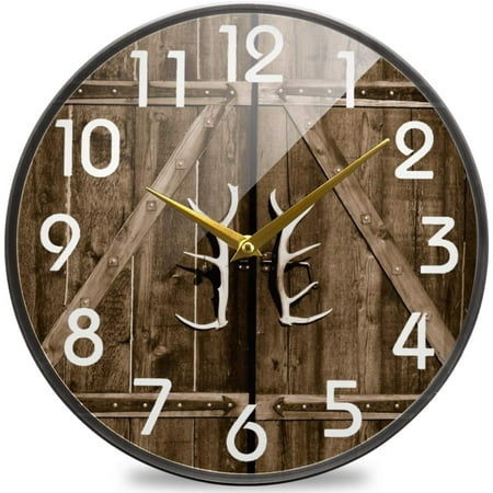 Dreamtimes 3D Vintage Wooden Gate with Antler Handles Round Wall Clock, 12 Inch Silent Battery Operated Quartz Analog Quiet Desk Clock for Home,Office,School