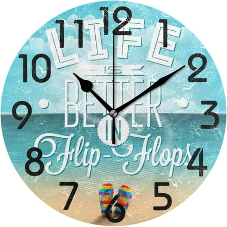 Dreamtimes Chic Summer Beach Life is Better in Flip-Flops Pattern Round Wall Clock, 10 Inch Battery Operated Quartz Analog Quiet Desk Clock for Home,Office,School