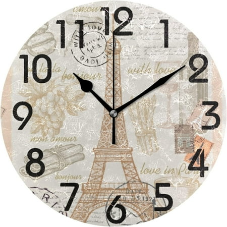 Dreamtimes France Retro Eiffel Tower Wine Round Wall Clock, 10 Inch Battery Operated Quartz Analog Quiet Desk Clock for Home,Office,School,Kitchen