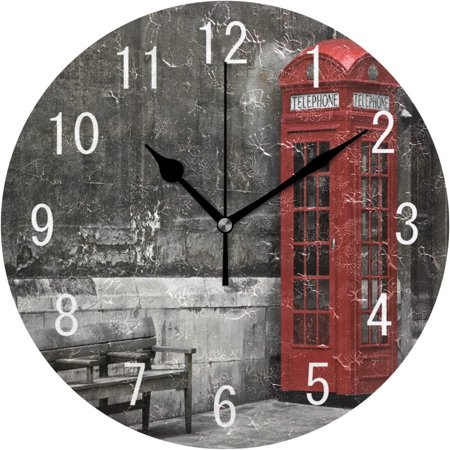 Dreamtimes Home Decor Vintage Cityscape British Phone Booth in London Round Acrylic 10 Inch Wall Clock Non Ticking Silent Clock Art for Living Room Kitchen Bedroom