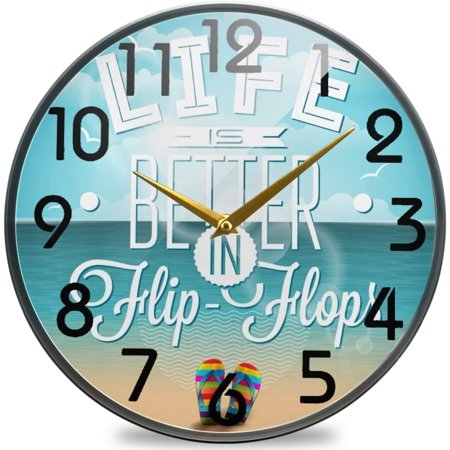 Dreamtimes Ocean Beach Life is Better in Flip-Flops Print Round Wall Clock, 10 Inch Silent Battery Operated Quartz Analog Quiet Desk Clock for Home,Office,School