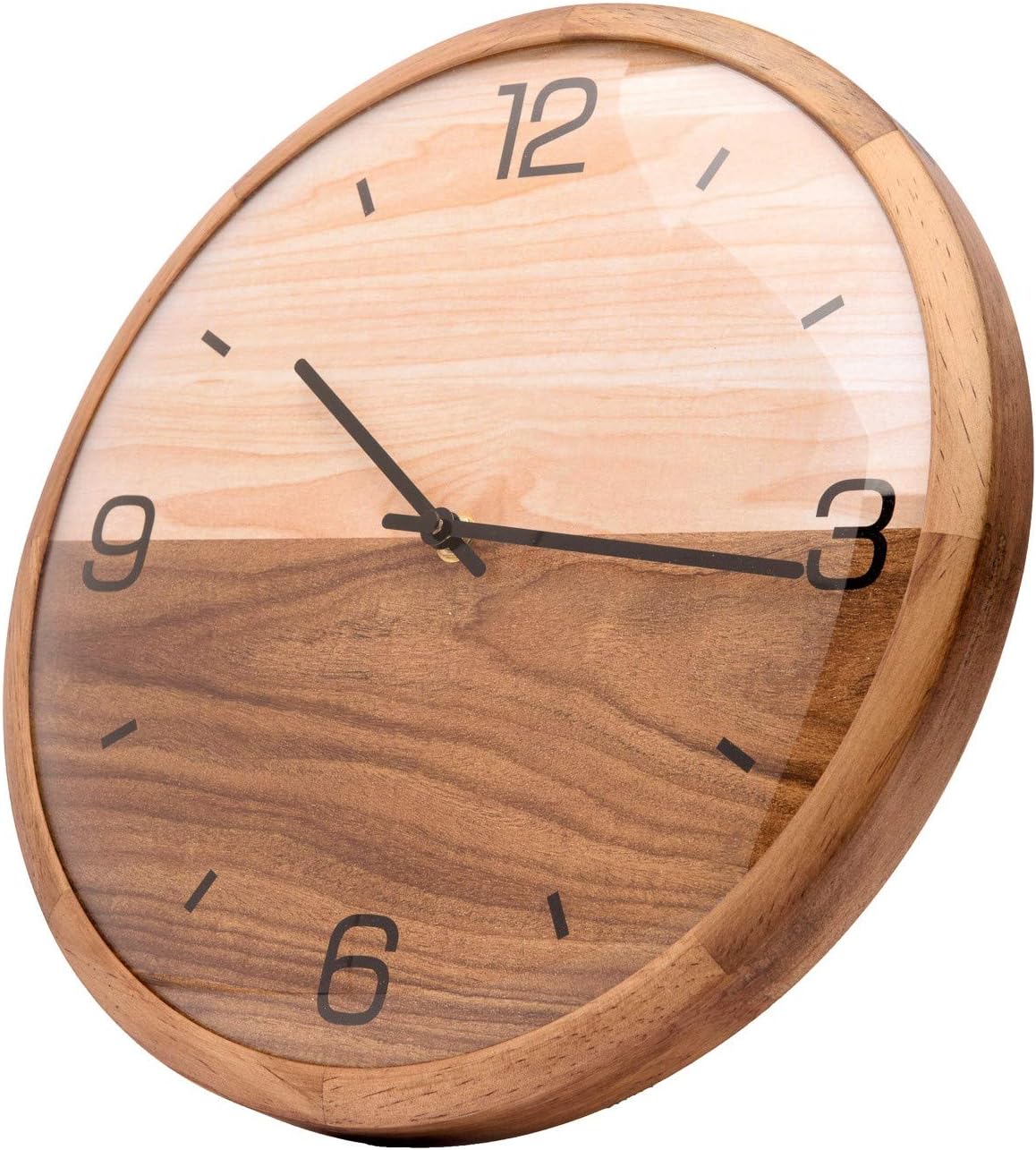 Driini Analog Dome Glass Wall Clock (10) - Pine Wood Frame with Two-Tone Wooden Face - Battery Operated with Silent Movement - Large Decorative Clocks for Classroom, Office, Living Room, or Bedrooms.