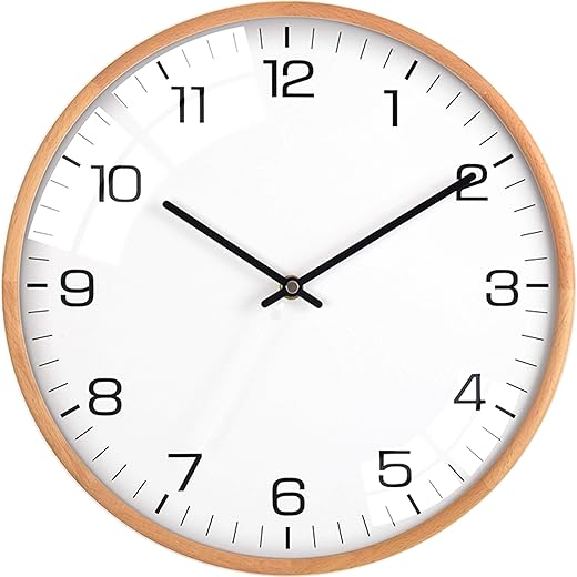 Driini Analog Dome Glass Wall Clock (12) - Wood Frame with White, Modern Face - Battery Operated with Non Ticking Hands - Large Decorative Clocks for Classroom, Office, Living Room, or Bedrooms.