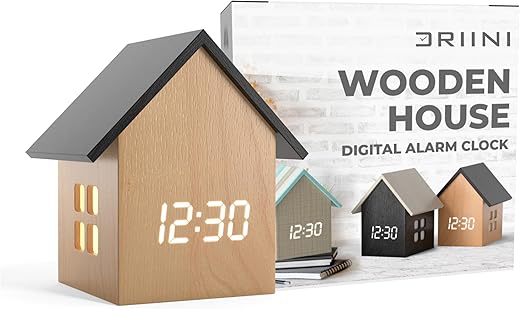 Driini Digital House-Shaped Alarm Clock with Temperature Display (Light Wood) – Modern Aesthetic - Cute Cube Frame and White LED Dimmer - Perfect Small Desk Clock for Bedside Table or Bedroom Mantle