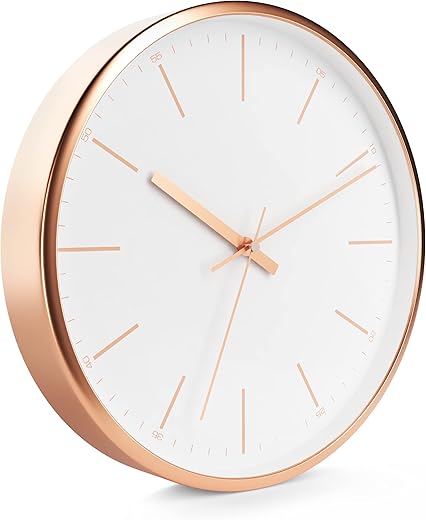 Driini Modern Rose Gold Analog Wall Clock - Decorative Aluminum Frame with White Face (12 inch) - Battery Operated, Silent, and Non-Ticking - Contemporary Decor for Office, Living Room, or Bathroom