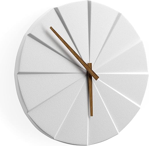 Driini Staircase Modern Wall Clock - Unique 10.5 in. Frameless Concrete Design - Contemporary, Minimalist Decor; No Numbers - Silent Battery Operated Clocks with Decorative Wooden Hands; White