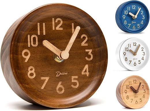 Driini Wooden Analog Desktop Clock – 4.3 in. Decorative Pinewood Clock, No-Tick Design – Easy to Read Silent Sweep Mantle Clock – Quiet Tabletop Clocks with Wood Body, Hands, & Battery Cover; Dark