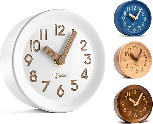 Driini Wooden Analog Desktop Clock – 4.3 in. Decorative Pinewood Clock, No-Tick Design – Easy to Read Silent Sweep Mantle Clock – Quiet Tabletop Clocks with Wood Body, Hands, & Battery Cover; White