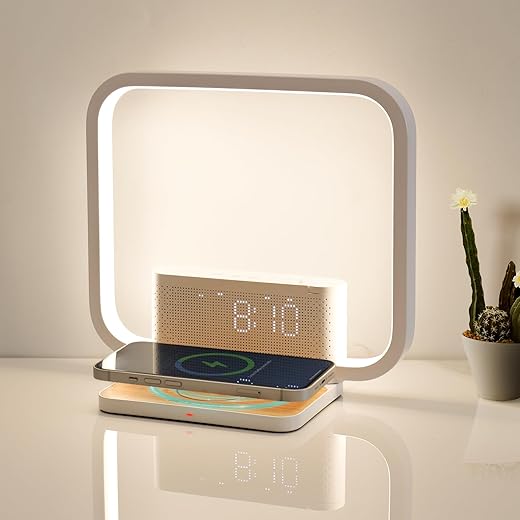 Dual Alarm Clock for Heavy Sleepers,Bedside Table Lamp for Bedroom with Fast Wireless Charger Station for iPhone/Samsung,Wake Up Light Touch Desk Lamp with Snooze/Timer/10 Natural Sounds/3 Dimmable