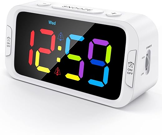 Dual Colorful Alarm Clock for Kids Bedroom - 0-100% Dimmer, 5 Alarm Sounds, USB Charger, Easy to Set, Weekday/Weekend Mode, Snooze, 12/24Hr, Battery Backup, Digital Clock for Teens Boys Bedside