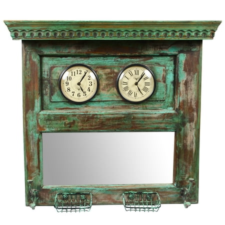 Dual Dial Wooden Wall Clock With Mirror, Green