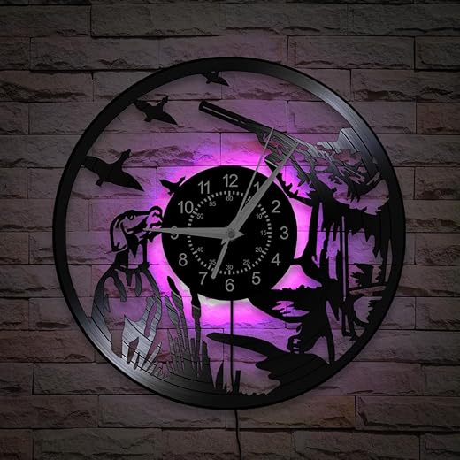 Duck Hunting Wall Clock, 12 Inch 7 Colors Luminous Hunter Wall Clock, Silent Quartz Non Ticking Modern Decorative Vinyl Record Night Light Wall Clock Watch Man Cave Decor Gift for Hunters