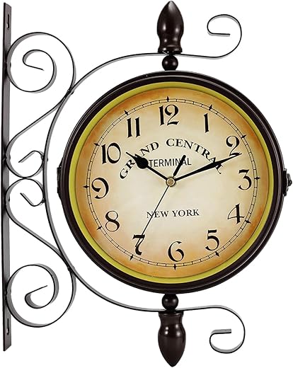 Dyna-Living Double-Sided Wall Clock 8-inch Vintage Wall Clock Wall-Mounted 360-degree Rotation Antique Wall Clock, Train Station Clock for Wall, Wrought Iron Hanging Wall Clock for Home Use