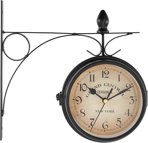 Dyna-Living Vintage Double Sided Wall Clock Wall-Mounted 4.7-inch Retro Train Station Clock Classic Wrought Iron Two Faces Wall Hanging Clock for Indoor Living Room Bedroom