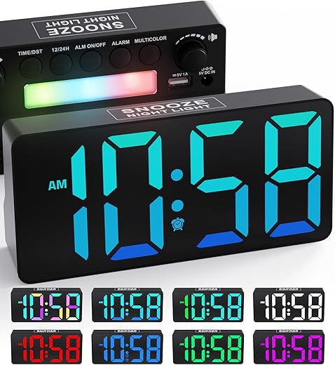 Dynamic RGB Digital Clock- 7"Alarm Clock For Bedroom With 8-Mode Colorful Large Display,7-Night Lights,2USB Chargers,12/24H/DST,Dimmer,7-Level Volume,Snooze,Loud Small Desk Clock For Kids Teens Adults