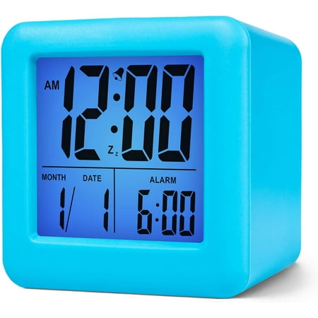 Easy Setting Travel Alarm Clock with Snooze,Soft Night Light,Cute Silicone Cover,Digital Alarm Clock Large Display Time & Month & Date & Alarm, Batteries Powered (Blue)