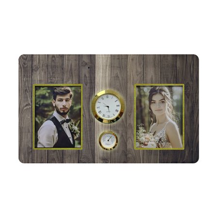 ECZJNT Dark Brown Wood Plank Wall Family Couple Photo Picture Frame with Clock and Thermometer for Wall Hanging and Tabletop Display