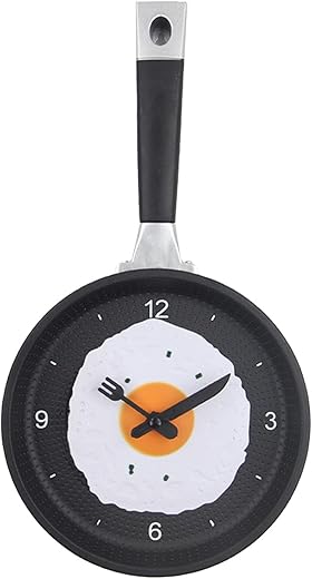 Egg Frying Pan Wall Clock, Decorative 3D Pan Wall Mounted Clock with Fried Egg Modern Design Wall Clock for Dinning Hall Restaurant(Black)