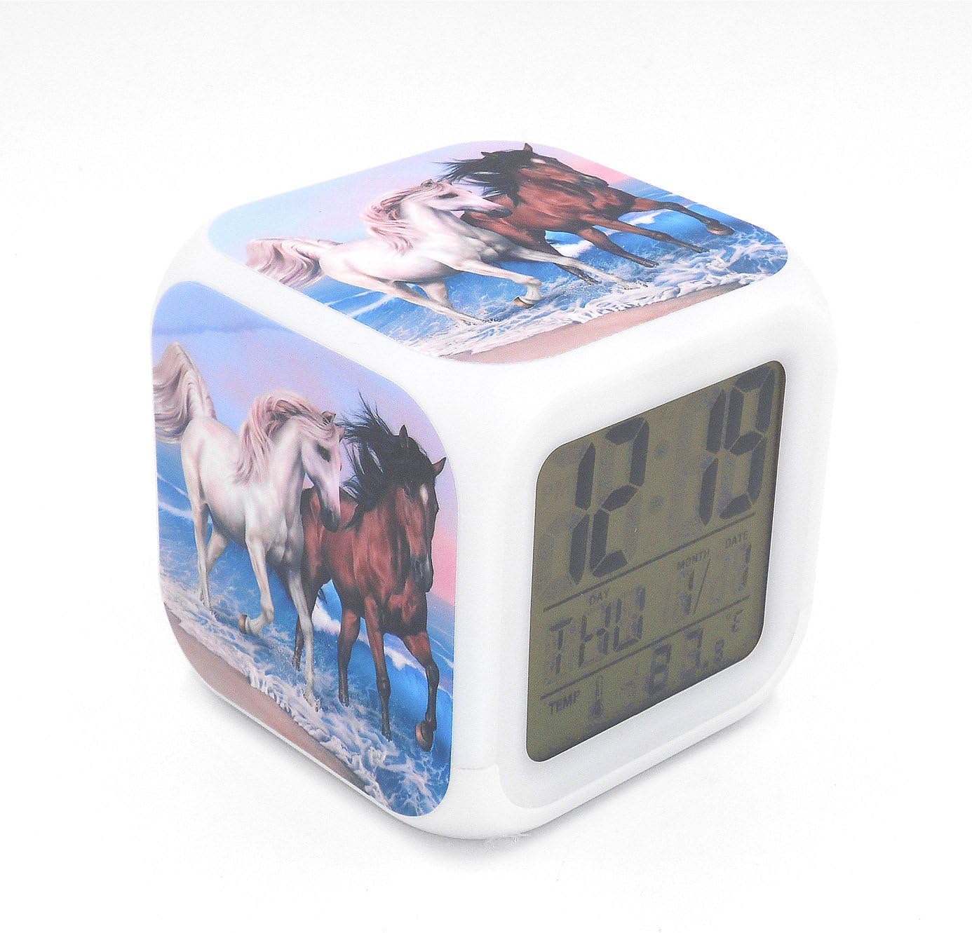 EGS New White Brown Horse Animal Digital Alarm Clock Desk Table Led Alarm Clock Creative Personalized Multifunctional Battery Alarm Clock Special Toy Gift for Unisex Kids Adults