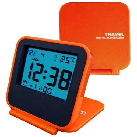 Egundo Compact Digital Travel Alarm Clocks,Battery Operated Small Travel Clock with Night Light,Portable Folding Mini Pocket Temperature Clock,Easy to Set and Read,Calendar,Snooze,Backlight (Orange)