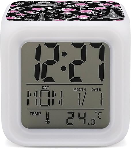 Eiffel Tower Paris and Roses Alarm Clock for Bederoom Digital Clock with 7 Color Night Light Bedside Desk Clock