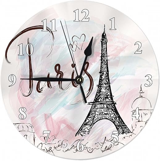 Eiffel Tower Wall Clock French Paris Hand Drawn Romantic Trip Doodle Farmhouse Unique Large Clock Wall Non-Ticking Decor for Home Office School Classroom, 10 Inch, A1246