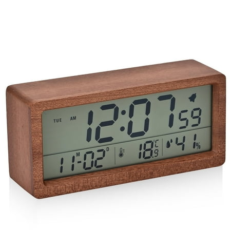 Electime Wooden Digital Alarm Clock with Calender, Temperature, Humidity and Snooze, Electric Clock for Home Bedroom, Battrey Powered, LCD Screen