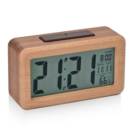 Electime Wooden Digital Alarm Clock with Smart Sensor Night Light, Month, Date, Temperature and Snooze, Electronic Clock for Home Bedroom, Battery Powered, LCD Screen