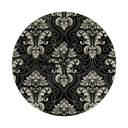 Elegant Black Floral Damask Wall Clock Silent Non Ticking - 10 Inch Battery Operated Modern Clocks for Living Room Bedroom Kitchen Bathroom Office Classroom, Decorative Clocks