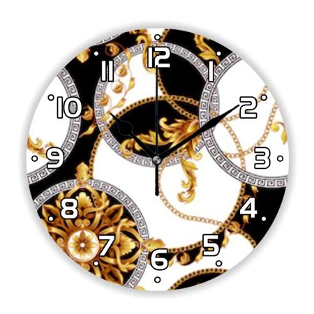 Elegant Black Golden Baroque Pattern Wall Clock for Living Room Vintage Greek Key Damask Border Ornatement Watch Home Decor