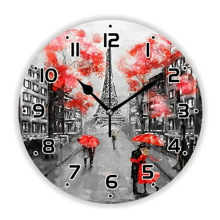 Elegant Oil Painting Paris Tower Wall Clock Watch for Living Room France City Flowers Large Wall Art Home Decor