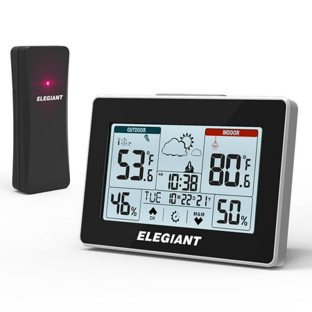 ELEGIANT Wireless Weather Station, Indoor and Outdoor Thermometer with Sensor, Battery Powered, Weather Forecast, Atomic Clock, Moon Phase, Dual Alarm Clock