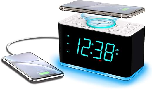 Emerson ER100401 Smartset 15Watt Ultra Fast Wireless Charging Dual Alarm Clock Radio with Bluetooth Speaker, USB Charger, Cyan LED Night Light and 1.4 Display