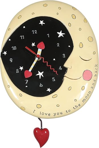 Enesco Allen Designs Love You to The Moon and Back Heart Wall Clock- Battery Operated Pendulum Analog Clock, Stone Resin Decorative Clocks for Walls Home Decor Kitchen Clocks, 9 Inch