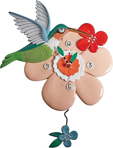 Enesco Allen Designs Pretty Hummingbird with Flowers Sculpted Pendulum Wall Clock, 12.6 Inch, Multicolor