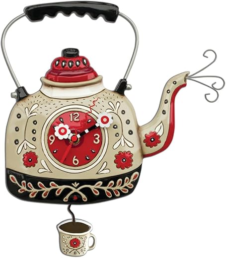 Enesco Allen Designs Tea Kettle Wall Clock - Battery Operated Pendulum Analog Clock, Stone Resin Decorative Clocks for Walls Home Decor Kitchen Clocks, 10.2 Inch