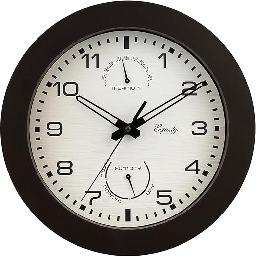 Equity by La Crosse 10 Inch IN/OUT Brown Wall Clock with Thermometer and Hygrometer (29005)